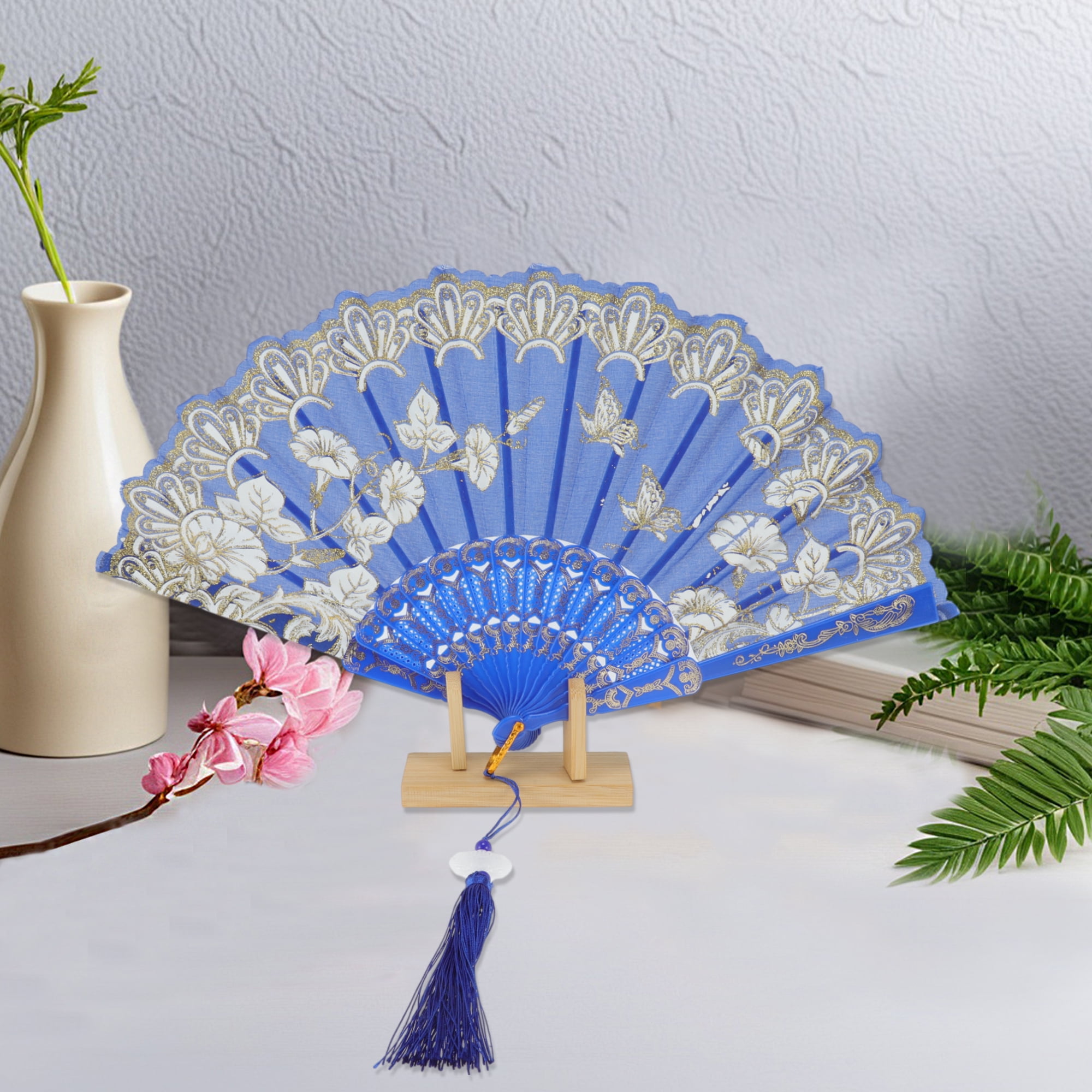 Unique Bargains Tassel Folding Fan 1 Pc for Weddings Parties Blue