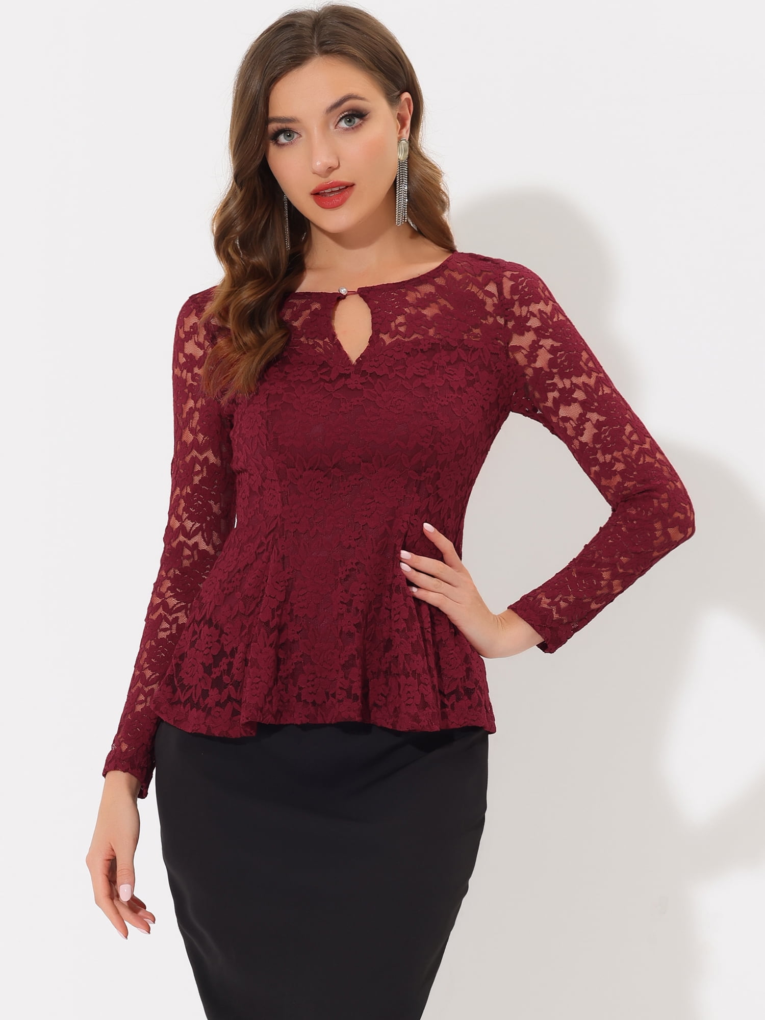 DARING DIVA Lace Peplum Tops Elegant Floral Lace Blouse S Burgundy
