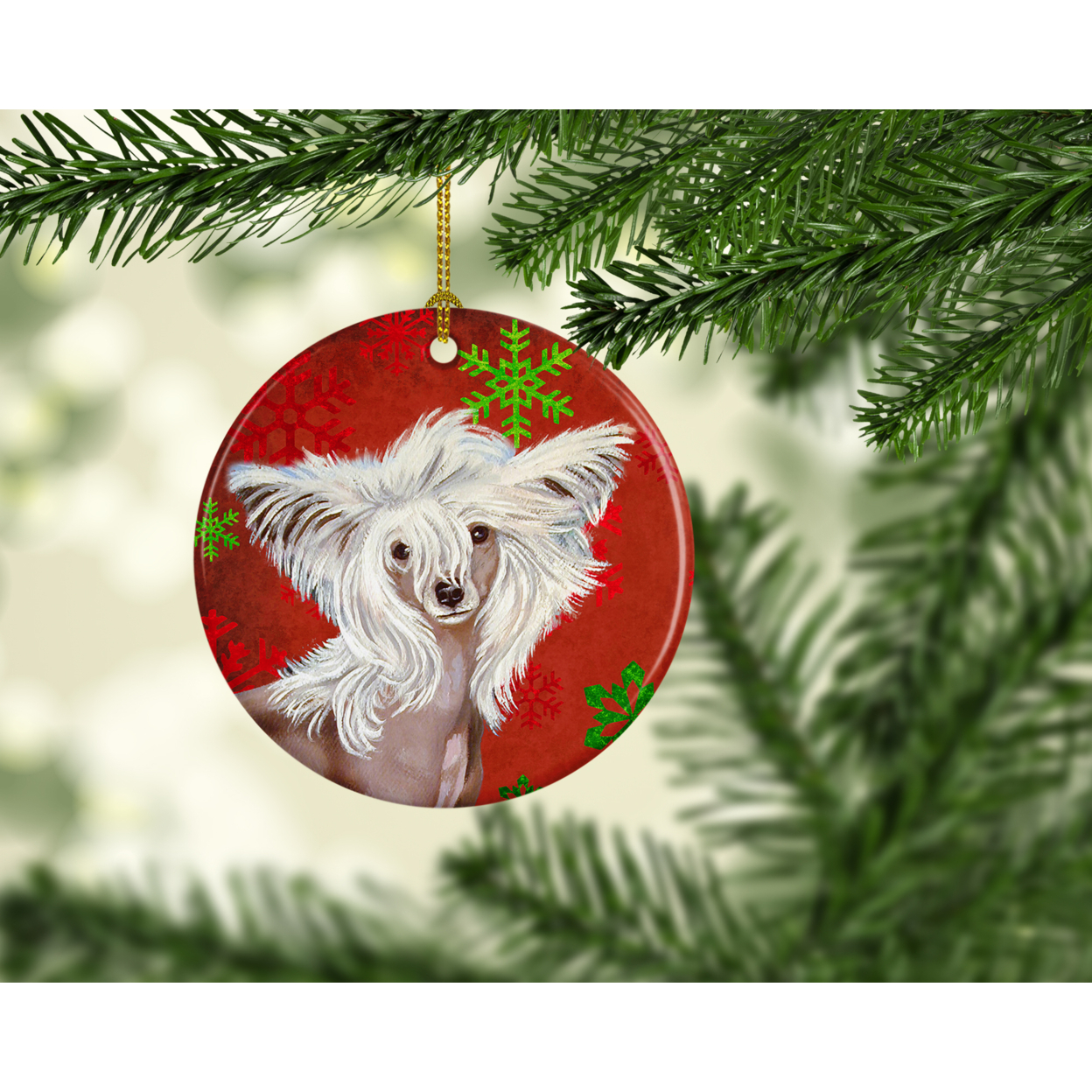 Carolines Treasures LH9347-CO1 Chinese Crested Red and Green Snowflakes Holiday Christmas Ceramic Ornament 3 in