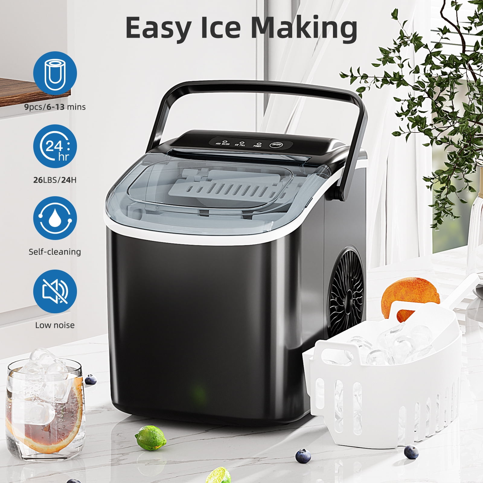 FREE VILLAGE Ice Makers Countertop,Portable Ice Maker Machine with Self-Cleaning,26.5lbs/24Hrs,6 Mins/9 Pcs Bullet Ice,Ice Scoop and Basket,Handheld Ice Maker for Kitchen/Home/Office/Party