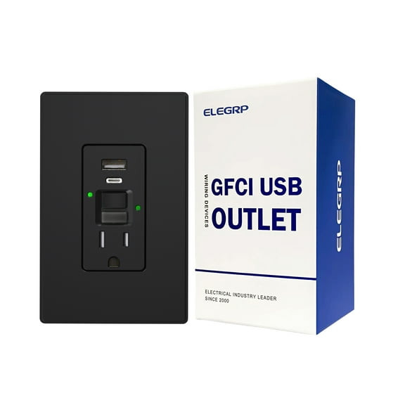 ELEGRP 15 Amp Tamper Resistant Self-Test GFCI Outlet with Night Light, 24W In-Wall USB Charger combo Receptacle, Type A & Type C, Midsize Screwless Wall Plate included, UL & CUL Listed, Black, 1 pack