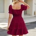thumbnail image 6 of Dvprdro Womens Solid Open Neck Short Puff Sleeve Smocked Waist Tiered Ruffle Hem A Line Mini Dress Casual, 6 of 10