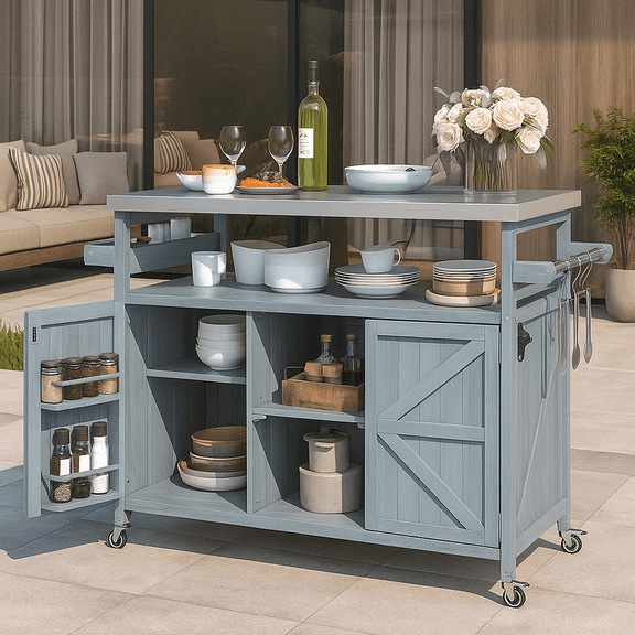 K&K Outdoor Kitchen Island, Rolling Bar Cart & Storage Cabinet, Farmhouse Solid Wood Outdoor Grill Table with Stainless Steel Top, Spice Rack , Towel Rack for Kitchen & BBQ , Grey Blue