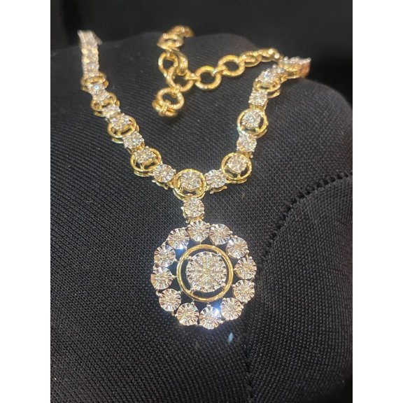 1.62 Carats Round Brilliant Cut Natural Diamonds Victorian Necklace In Hallmark 14K Yellow Gold