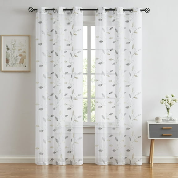 Pinewave Leaf Sheer Curtains 84 inch Embroidered Floral Silver Metallic Botanical Sheer Drapes Home Decor Grommet Top 38" Wx84 Lx2