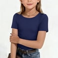 thumbnail image 2 of CPNG Girls Daily Ribbed Knit T Shirt Comfortable Stylish Solid Color Summer Casual Crewneck Short Sleeves T Shirt(Navy,9-10 Years), 2 of 6