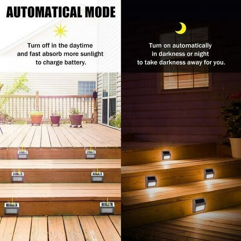 4Pack Solar Powered Deck Wall Lights Outdoor, Automatic On & Off Solar Waterproof Led Security Lighting for Deck, Fence, Patio, Front Door, Stair, Landscape, Yard and Driveway Path, Warm White 4Pack Solar Powered Deck Wall Lights Outdoor, Automatic On & Off Solar Waterproof Led Security Lighting for Deck, Fence, Patio, Front Door, Stair, Landscape, Yard and Driveway Path, Warm White
