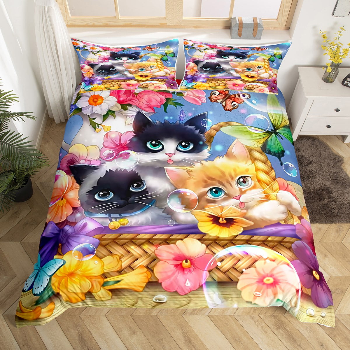 Little Cat Duvet Cover Cute Kitten Bedding Set for Boys Girls,Dreamy