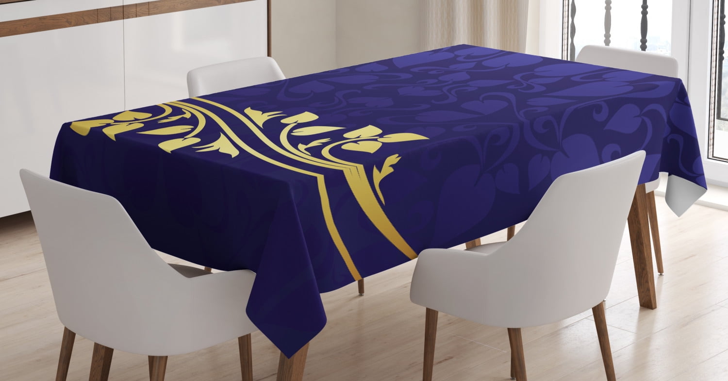 Navy Blue Decor Tablecloth, Romantic Royal Leaf Pattern with Golden