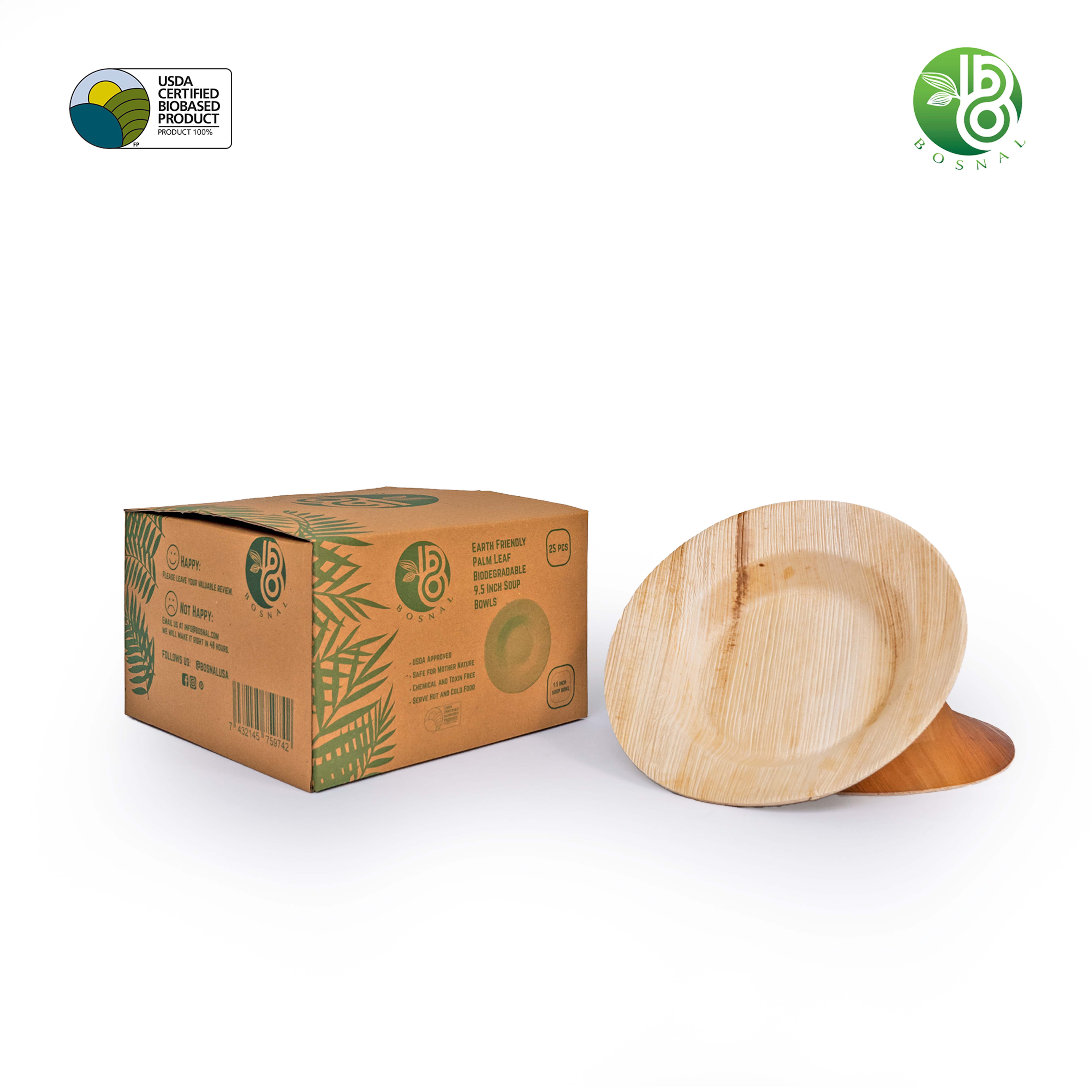 Bosnal 9.5 inch Round Soup Bowls, Compostable Palm Leaf, Bamboo and Wood Style, Stackable, Restaurant Grade, 25 Pcs