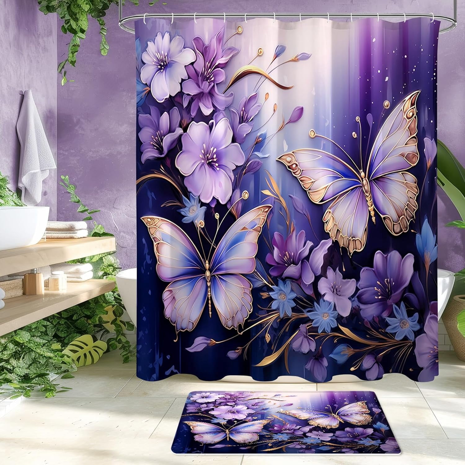 4 Pcs Purple Floral Butterfly Shower Curtain Set with Non-Slip Rugs, Modern Toilet Lid Cover and Bath Mat, Elegant Bathroom Decor Set with Shower Curtain and Rugs(Hooks Not Included)