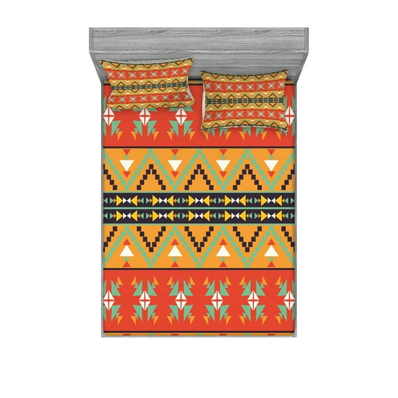 Ambesonne Abstract Fitted Sheet & Pillow Sham Set, Geometric Bohemian Motifs, Full, Seafoam Orange Indigo