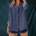 thumbnail image 2 of ManxiVoo Women's Ruffled V Neck Blouse Long Sleeve Loose Fit Patchwork Solid Color Button Down Shirt Elegant Casual Tops S Size Navy, 2 of 5