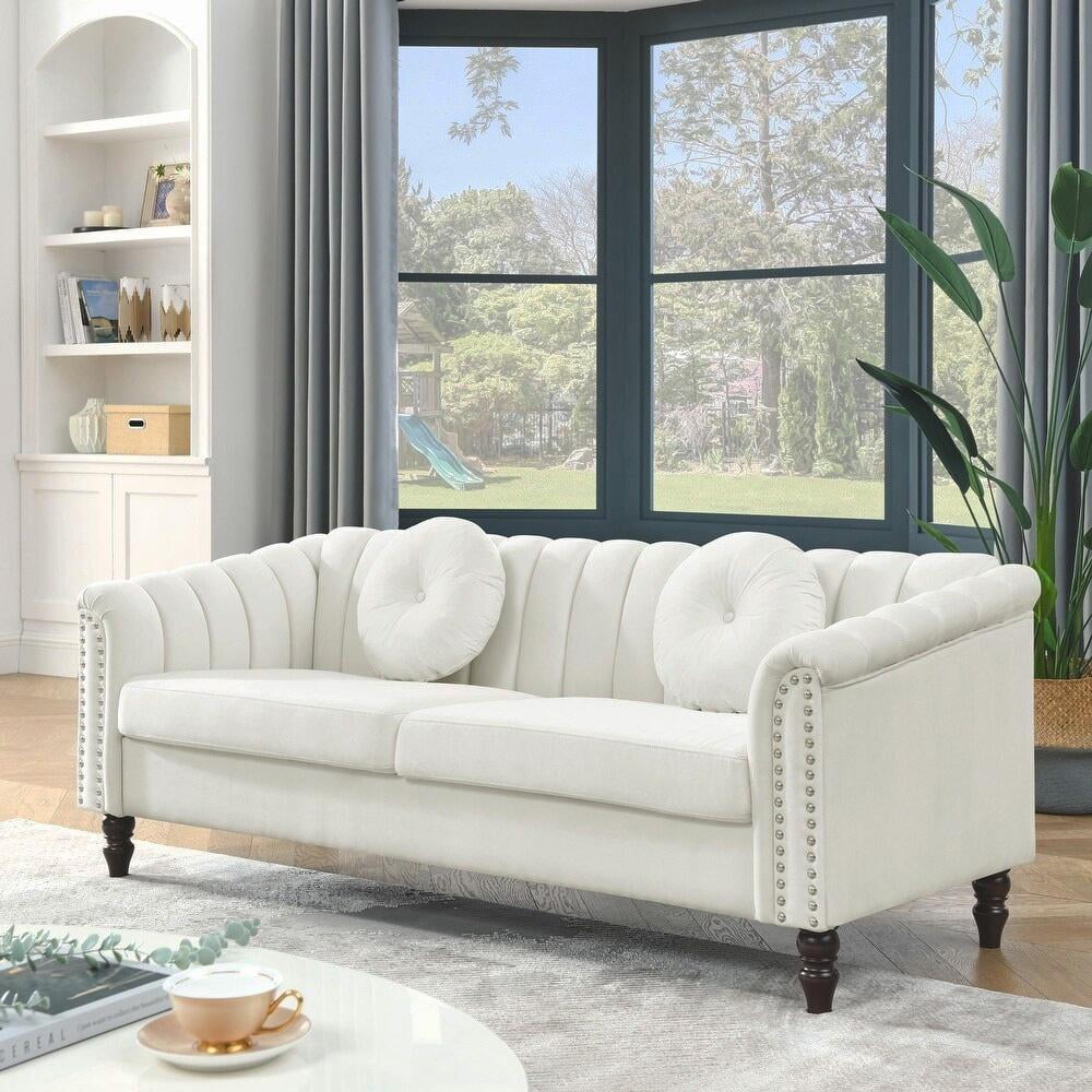 Gewnee Chesterfield Velvet Sofa Couch with Nailhead Trim and 2 Pillows for Living Room,Beige