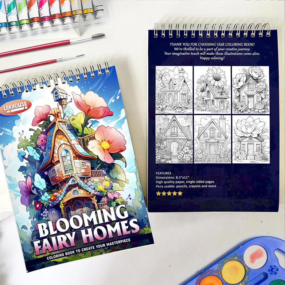 LBKHOUSE Blooming Fairy Homes Coloring Book Spiral Bound for Adults, Premium Cover