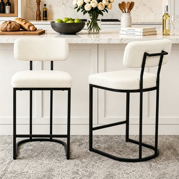 CRERIYO Counter Height Bar Stools Set of 2, Upholstered Kitchen Island Chairs with Thick Padded Seats, Backrests and Sturdy Metal Frame, Beige