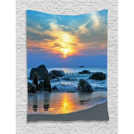 Seaside Rocks - Seaside Decor Wall Hanging Tapestry, Sunset Scenery In Sandy Beach With Rocks And Waves Lonely Peace Morning Dream On Earth, Bedroom Living Room Dorm Accessories, By Ambesonne