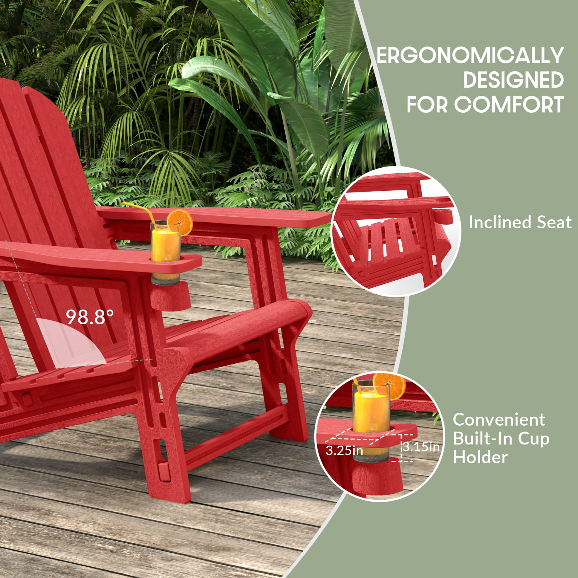 WestinTrends Tool-Free Assembly Outdoor Patio HDPE Plastic Adirondack Chair with Cup Holder, Red