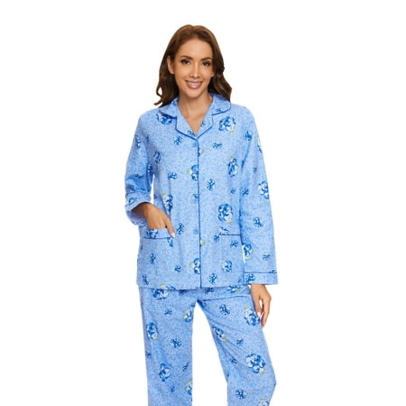 

GLOBAL 100% Cotton Comfy Flannel Pajamas for Women 2-Piece Warm and Cozy Pj Set of Loungewear Button Front Top Pants Size S