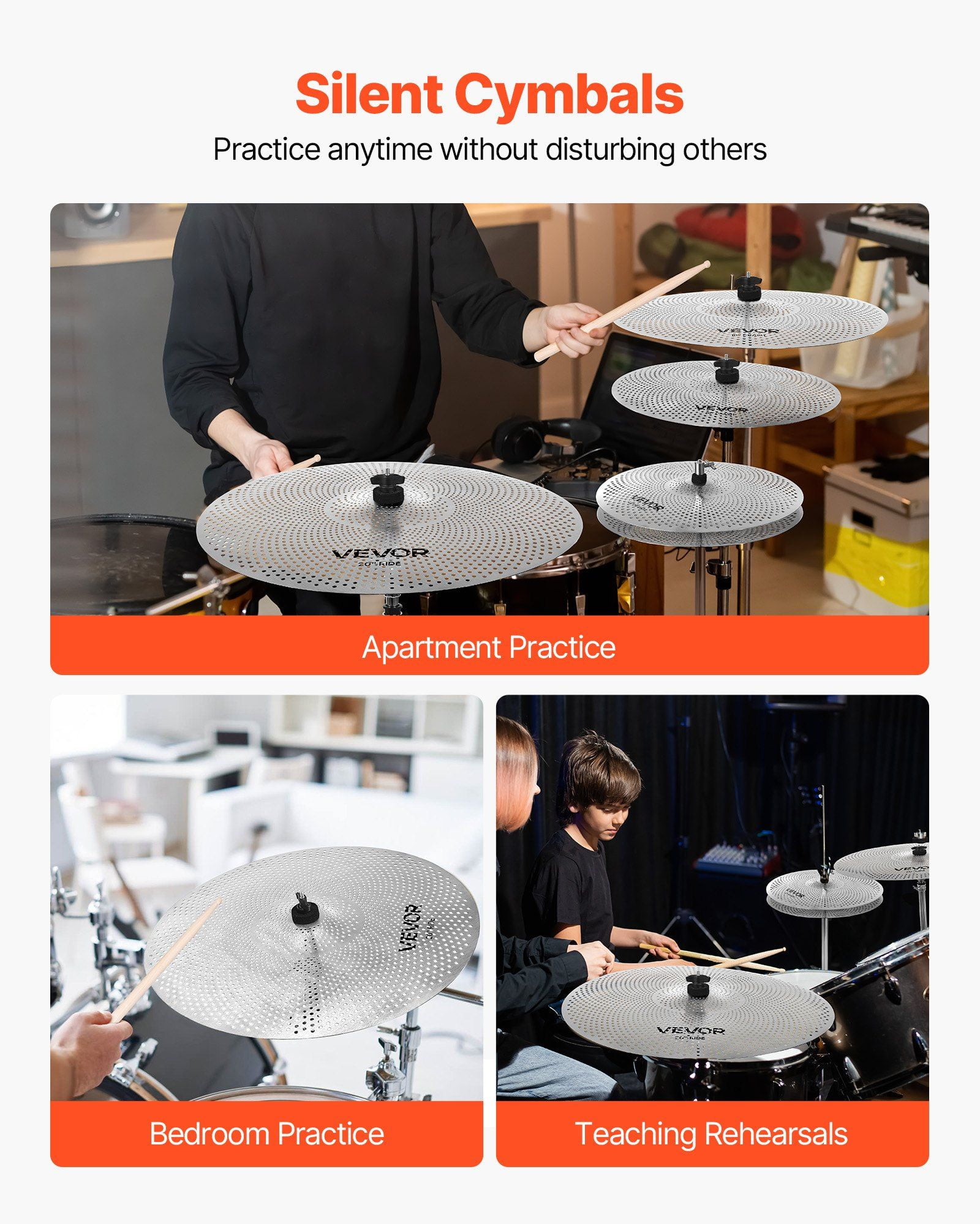 4 Piece Low Volume Quiet Cymbal Pack for Drum Set with 14 Inch Hi Hats 16 Inch Crash 18 Inch Crash 20 Inch Ride Cymbals Drumsticks and Bag Bright Copper Alloy