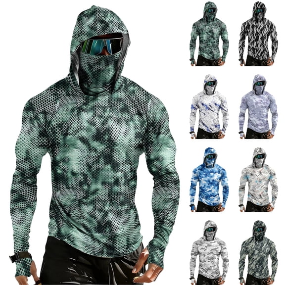 LTTVQM Mens Long Sleeve Shirts with Face Mask UPF 50 Sun Protection Camo Hoodie Running Rash Guard Lightweight Hooded Shirts Workout Trendy Tops Black L