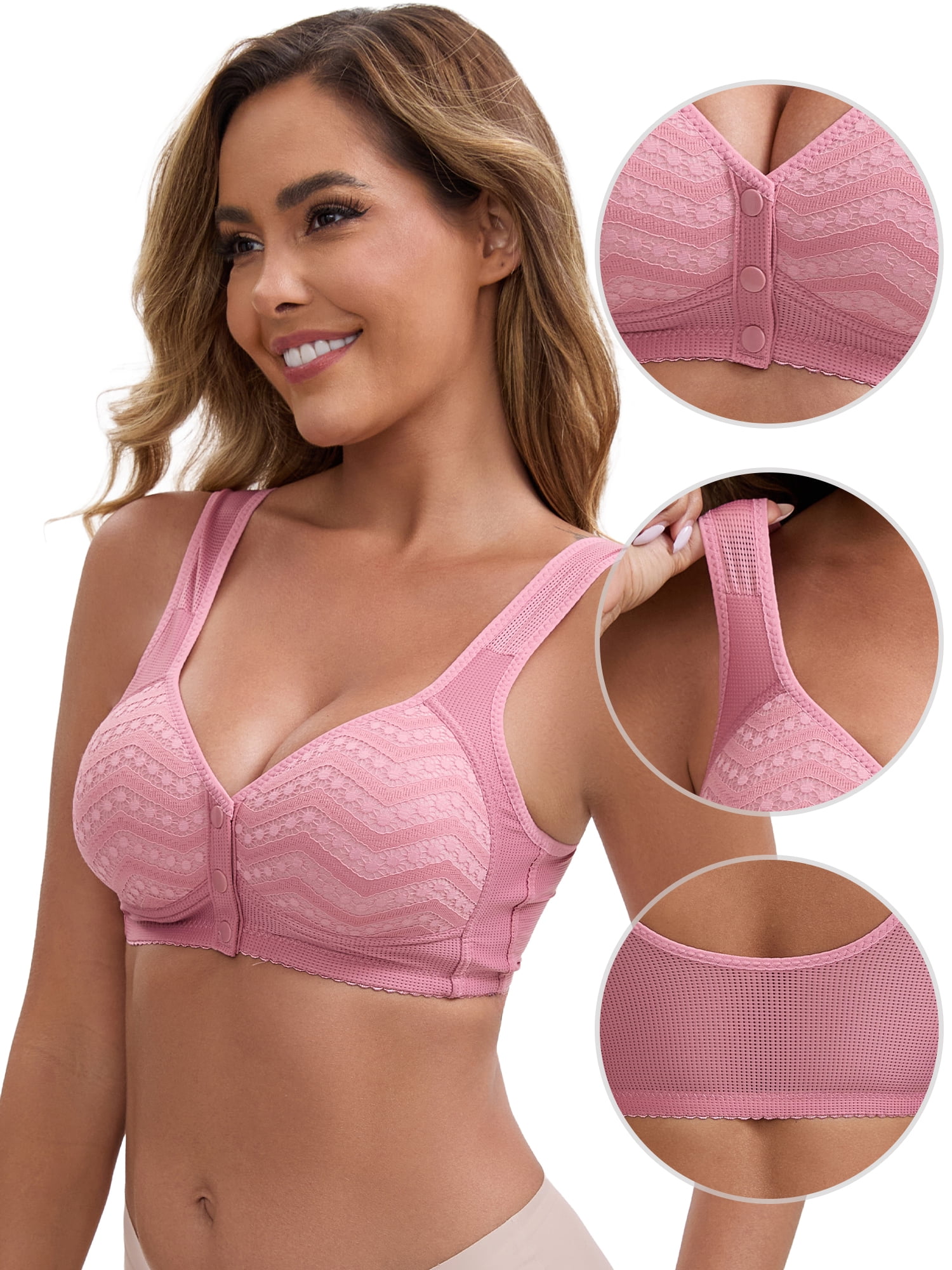 DARING DIVA Women's Lace Front Closure Push Up Wide Strap Bra XL Pink