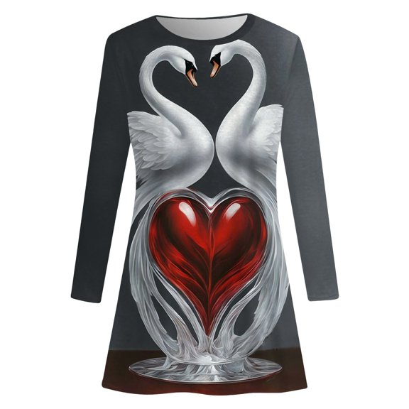 Long Dresses for Women Casual Casual Round Neck Dress with Valentine Heart Theme Print Fashionable Comfort Outfits Women's Casual Dresses Blue L