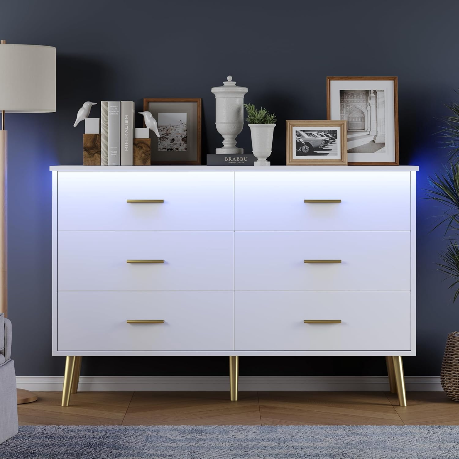 FANRAL 6 Drawers Dresser for Bedroom,Wood Modern Chest of Drawers with LED Light,Metal Support Feet,White Gold Dresser