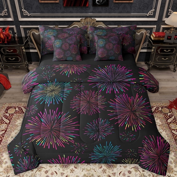 Feelyou Teens Magic Firework Bedding Comforter Set 7pcs, Romantic Artwork King Bedding Sets, Dreamy Cartoon Style Reversible Bed Sheets, Luxury Bedroom Decor