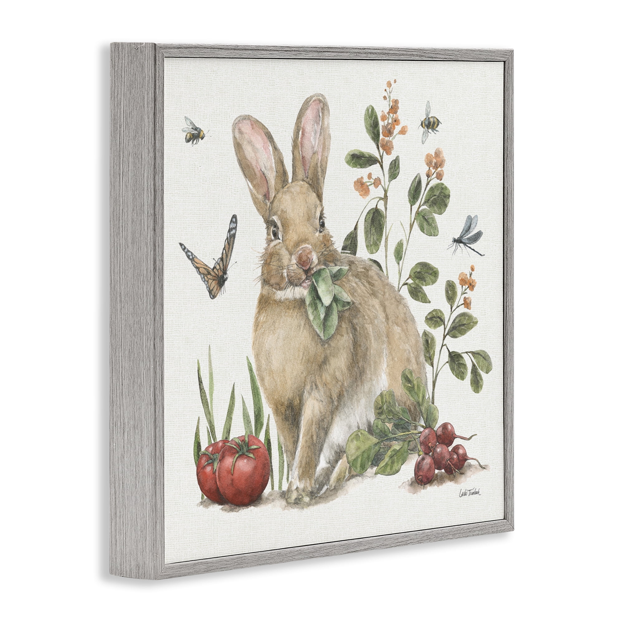 Stupell Industries Rabbit & Butterfly Garden Animals & Insects Painting Gray Framed Art Print Wall Art, 12 x 12