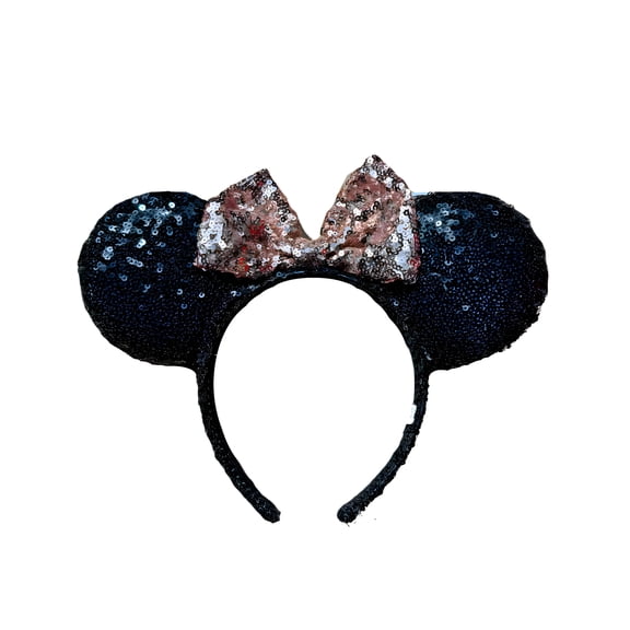 7STAR Glitter Mouse Ears and Bow Headbands for Girls or Adult Party Decoration Mouse Ears, Sparkly Mouse Ears (Black with Rose gold Bow, Multicolor, one size)