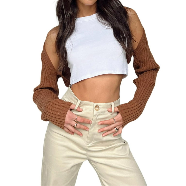 FOCUSNORM Women Cropped Knit Sweater Jumper Top Bell Sleeve Crochet Shrugs Hollow Out Y2K Extra Short Shirts