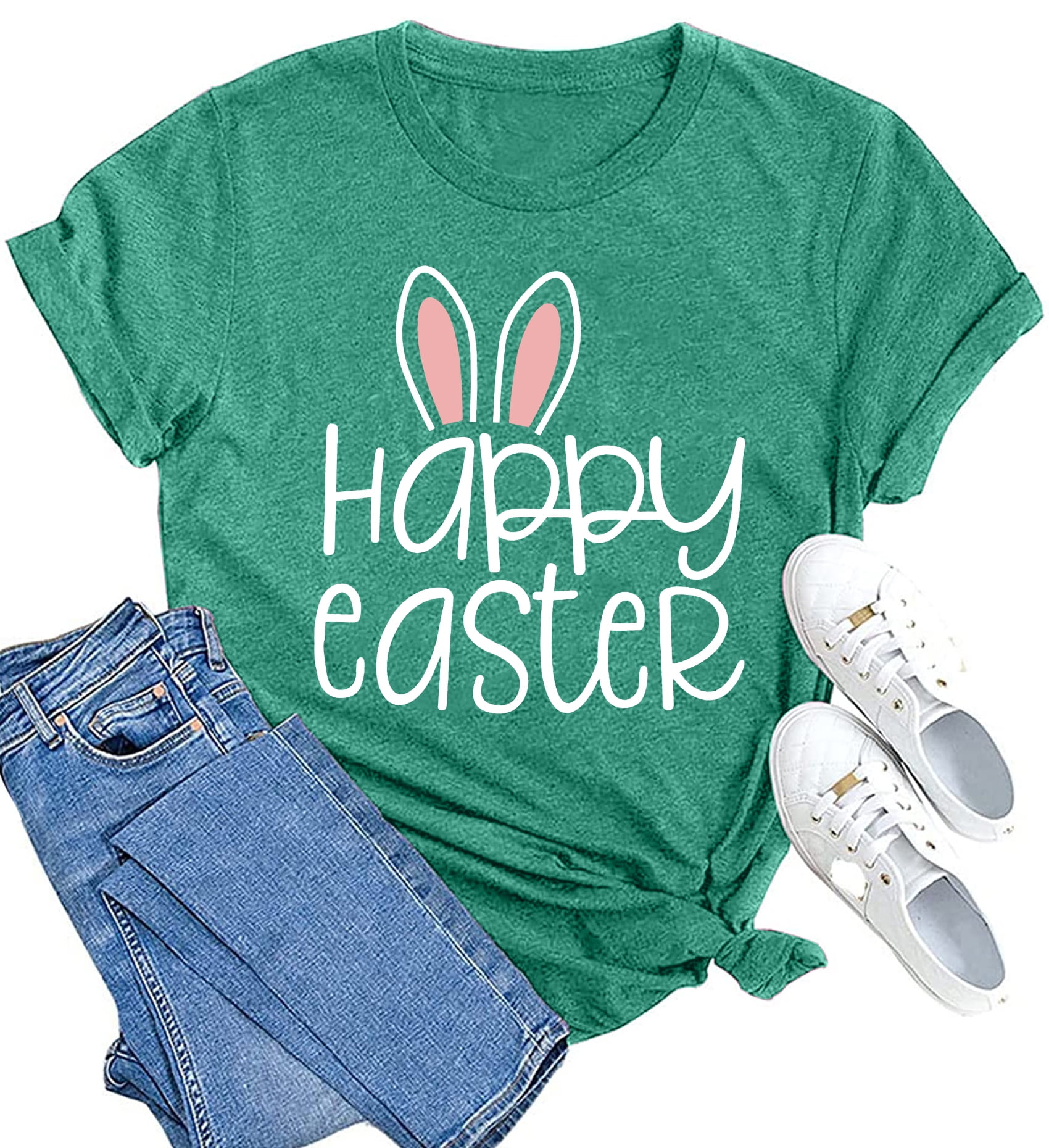 LAZYCHILD Happy Easter Shirts For Women Funny Rabbit Bunny Shirt Easter  Short Sleeve Holiday Tee Tops 