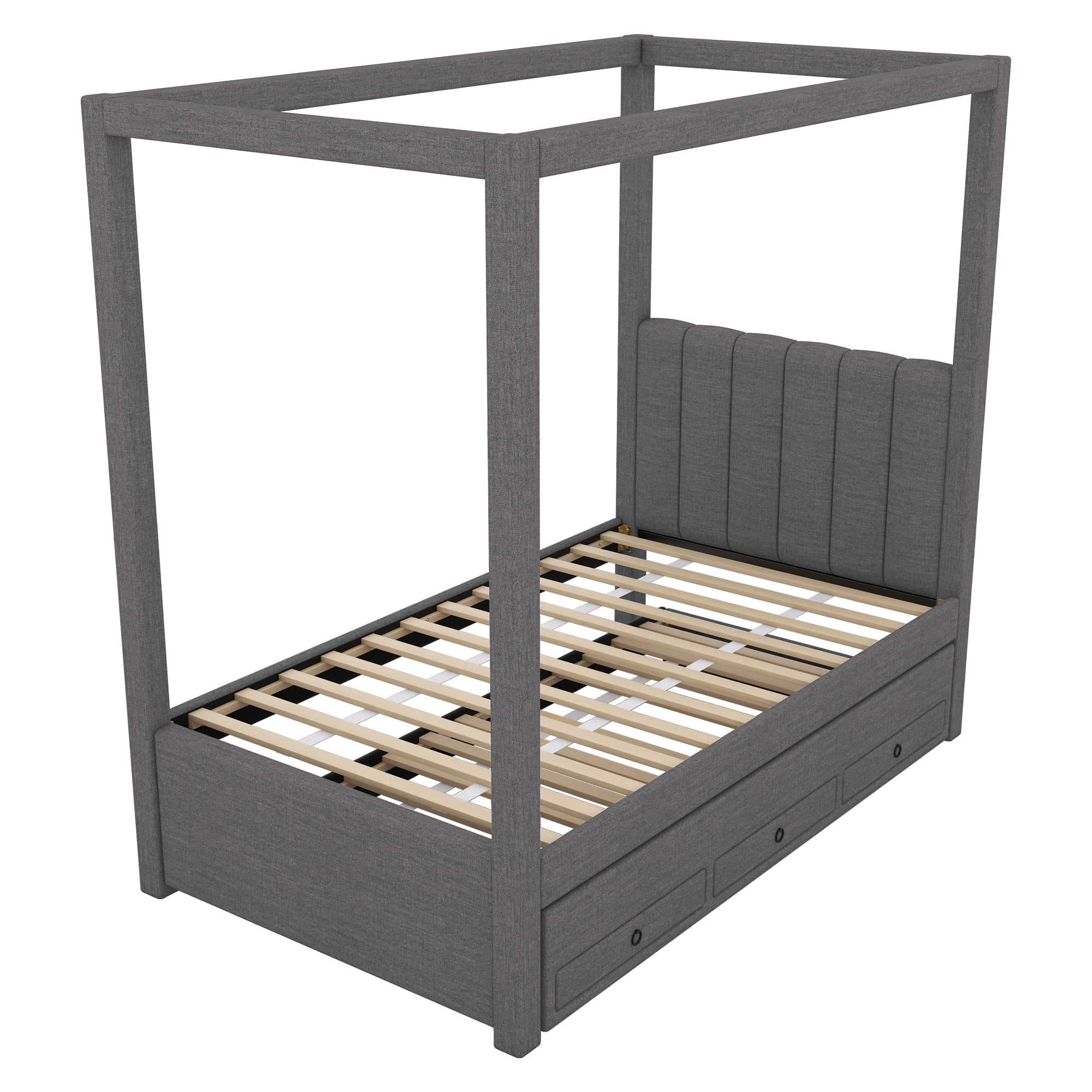 EUROCO Upholstered Twin Size Canopy Bed Frame with Trundle Bed and 3 Drawers, Platform Bed with Headboard for Kids Teens Adults, Gray