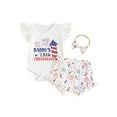 thumbnail image 2 of Yunliwuli Baby Girl 4th of July Outfit Letter Flying Sleeve Romper with Fireworks/Flag Pattern Shorts and Headband 3Pcs Outfit, 2 of 10