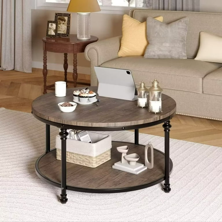 30 inch Round Coffee Table 2 Tier Living Room Table with Storage Shelf and Sturdy Metal Legs Light Walnut