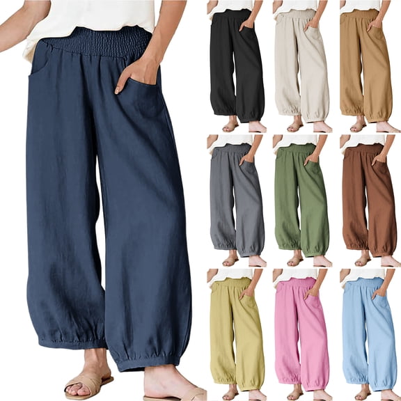 Bloomae Womens Wide Leg Pants Cotton Linen Barrel Pants Casual Smoked Elastic Waisted Comfy Baggy Lounge Trousers with Pockets Khaki S