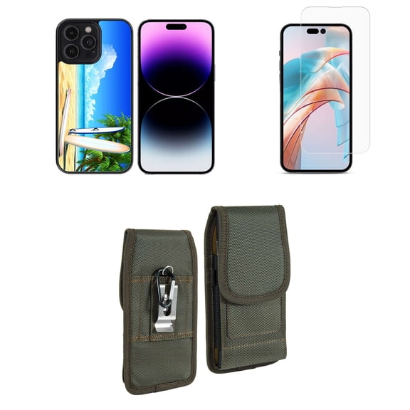 Bemz Phone Case for iPhone 15 Plus Bundle with Shockproof Anti-Scratch UV Print Protection TPU Cover, Screen Protector, Vertical Rugged Nylon Belt Holster Pouch (Beach Paradise Surf Boards)