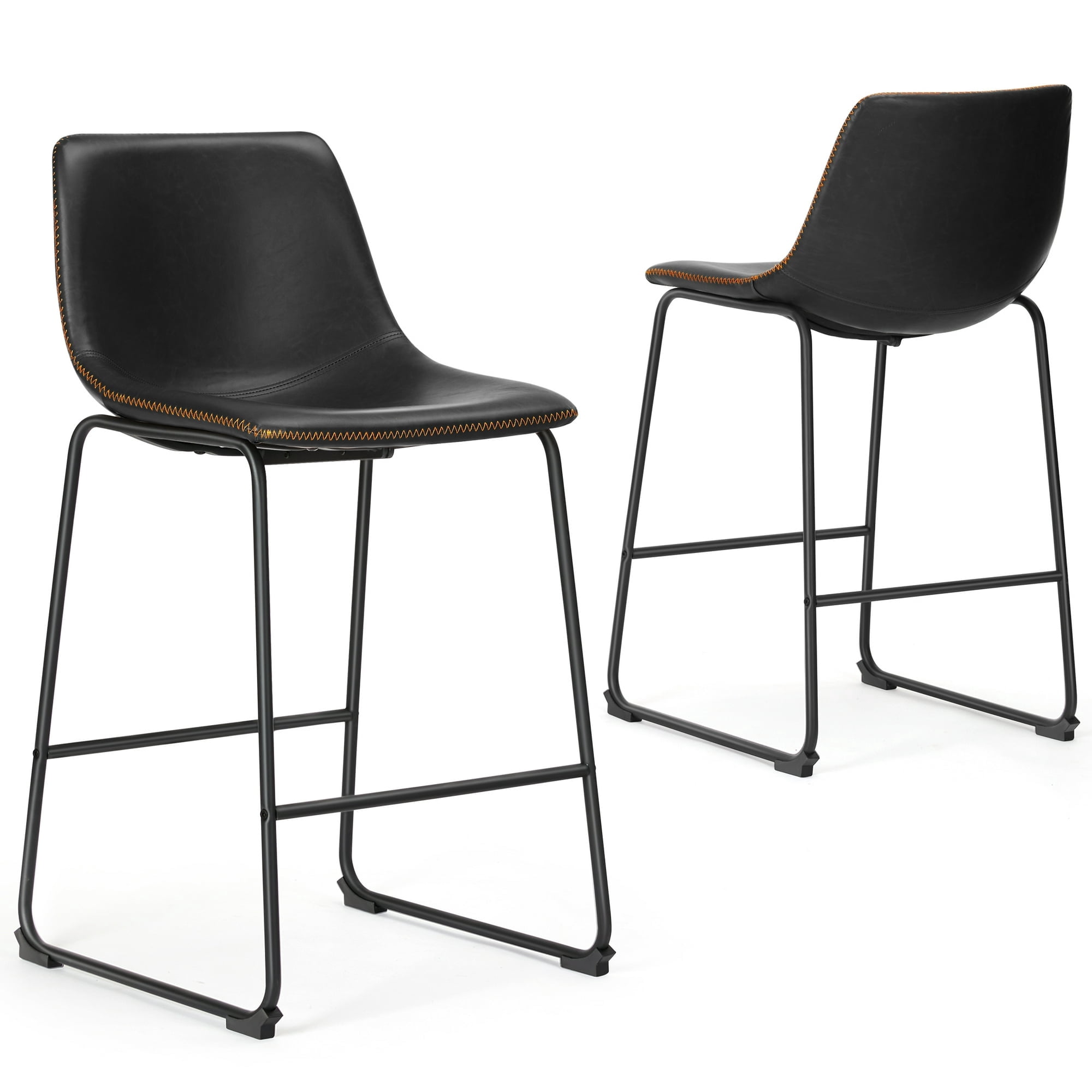 MCQ Counter Height Bar Stools Set of 2, Faux Leather 26 inch High Barstools with Back and Metal Leg, for Home Kitchen Office, Black