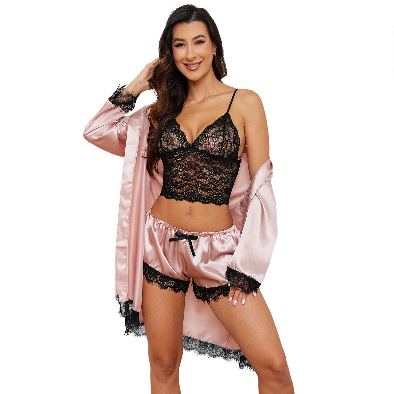 Sexy Lingerie, LOFIR Sexy Lingerie for Women, Womens Summer Pajamas Pjs Sets of 4 Pcs with Floral Lace Top Shorts and Robe, Gift for Women, Pink, L
