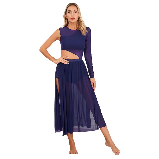 Alvivi Costume de Danse Lyrique pour Femmes, Robe Justaucorps en Maille Transparente Fendue sur le Côté, Tenue de Danse Moderne Bleu Marine G
