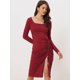 thumbnail image 2 of Vestido Ajustado de Punto Allegra K de Manga Larga con Cuello Cuadrado borgoña M, 2 of 5