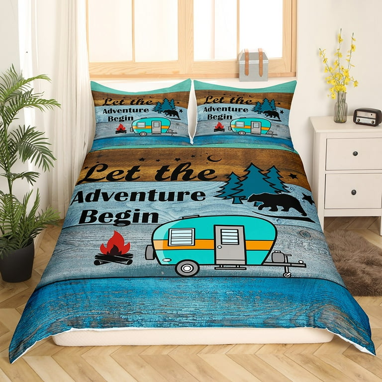 YST Rustic Farmhouse Bedding Sets Camper King Duvet Cover For Kids Boys Adults Happy Camping Adventure Comforter Cover For Rv Bunks Retro Brown Blue