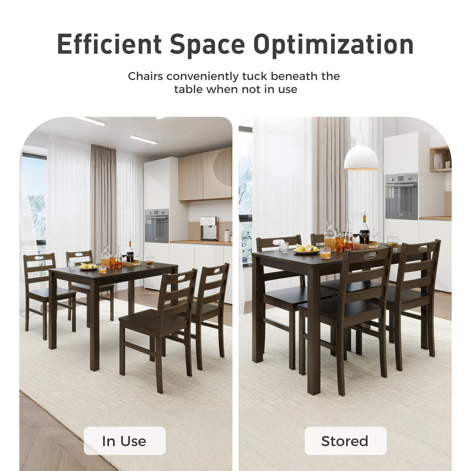 Alpha Joy Farmhouse Dining Table Set for 4 Solid Wood Kitchen Chairs and Table Set, Dark Walnut