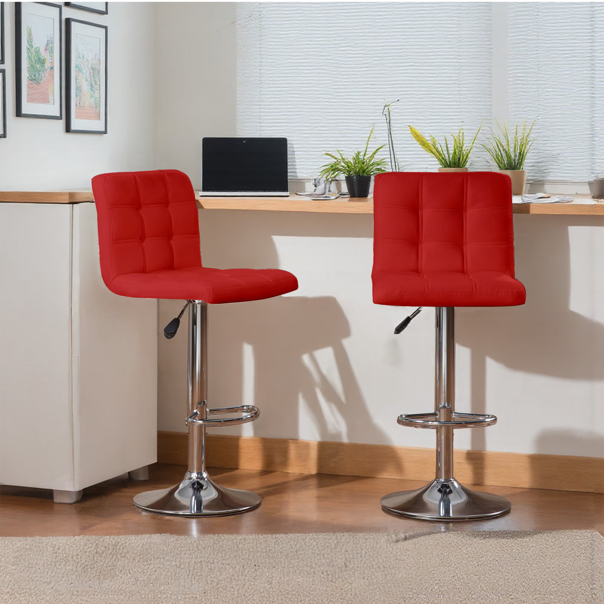 Aukfa Bar Stools Set of 2, Counter Height Adjustable PU Leather Swivel Bar Chairs with Back and Footrest for Kitchen and Dining Room, Red