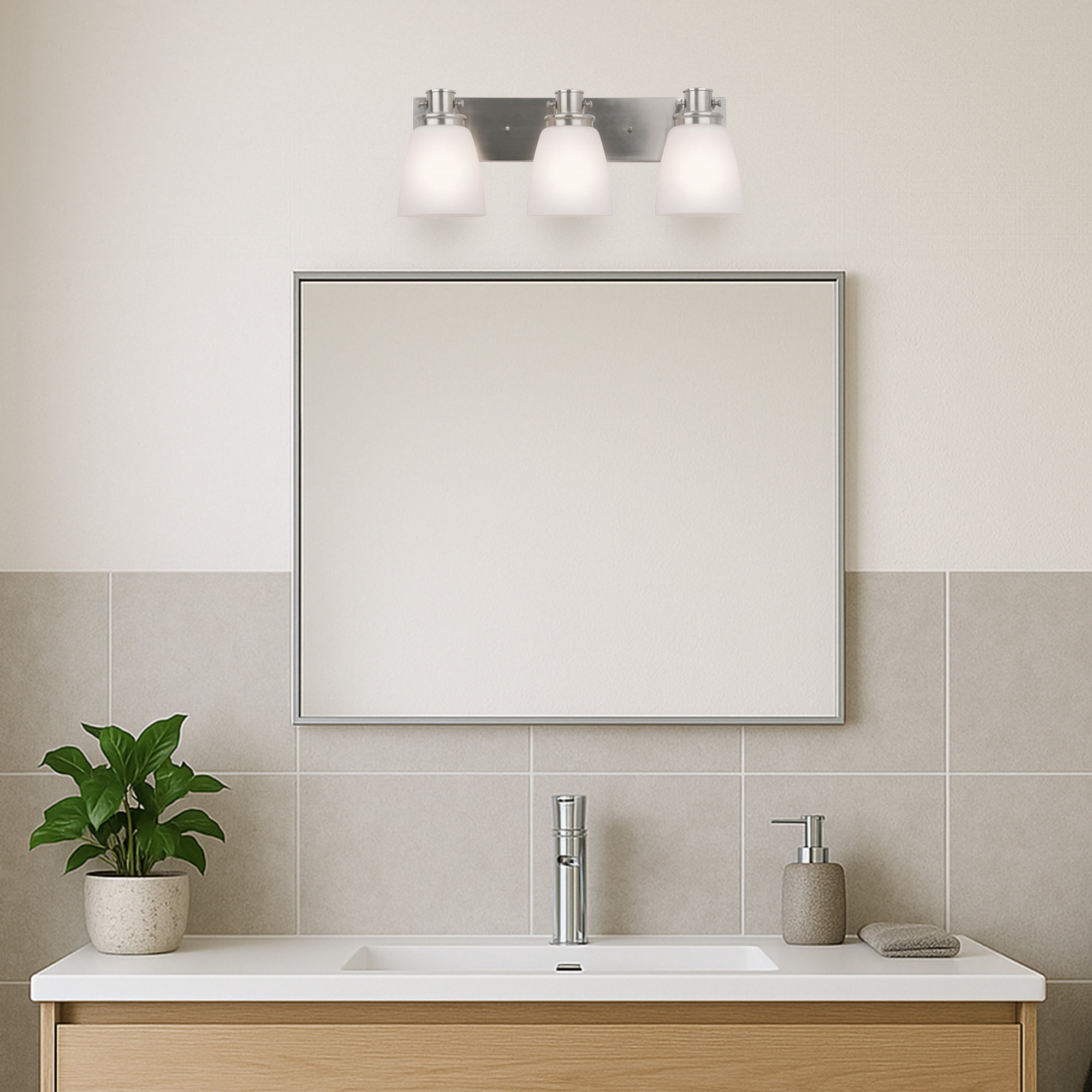 Marcell 23.3 in 3-Light Satin Nickel Vanity Light with Frosted Glass Shades