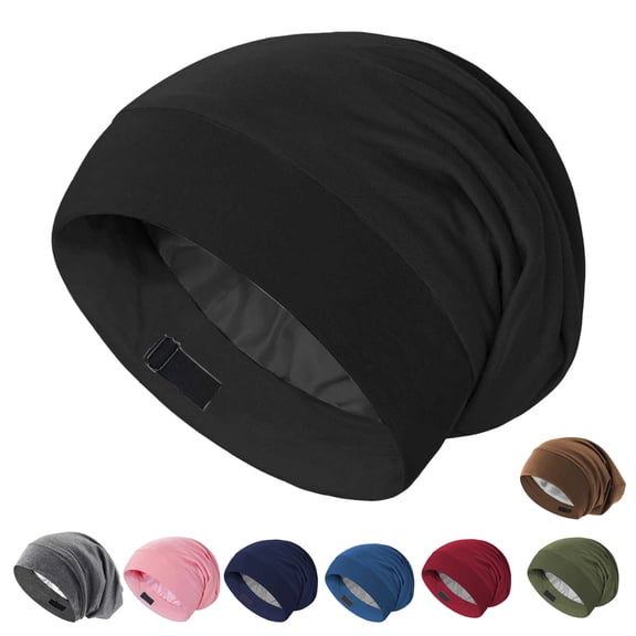 Satin Sleep Cap Bonnet Hair Cover for Sleeping, Beanie Hat for Natural Curly Hair Adjustable Night Cap,Black,One Size