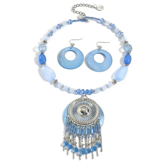 BOCAR Boho Jewelry Set for Women Shell Pendant Necklace Earrings Beaded Bohemian Collar Necklace Handmade Chunky Statement Strand Necklace for Women (N0125-Blue)