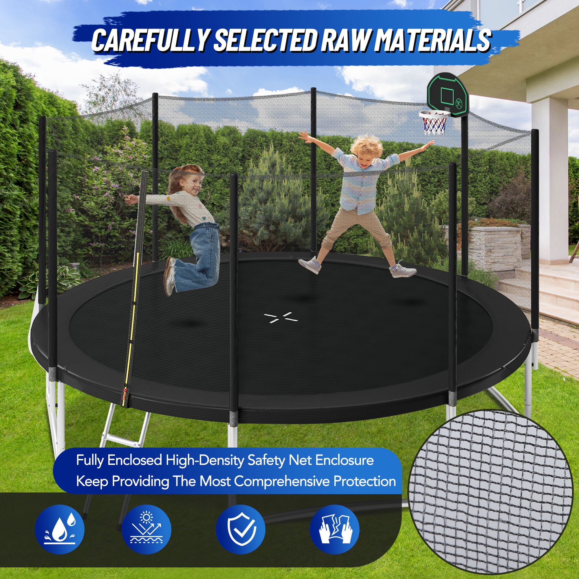 EUROCO 14FT Trampoline for Kids with Safety Enclosure Net, Basketball Hoop and Ladder, Easy Assembly Round Outdoor Recreational Trampoline