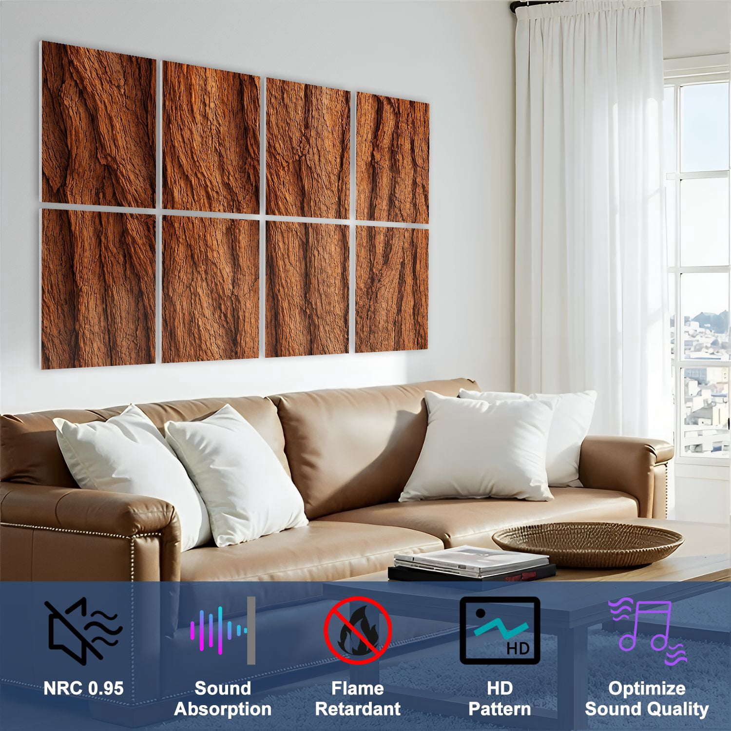 8 Pack Art Acoustic Panels Sound Absorbing Bark cedar tree texture Decorative Soundproof Wall Panels Self Adhesive for Nursery Game Room Bedroom 48"x32"